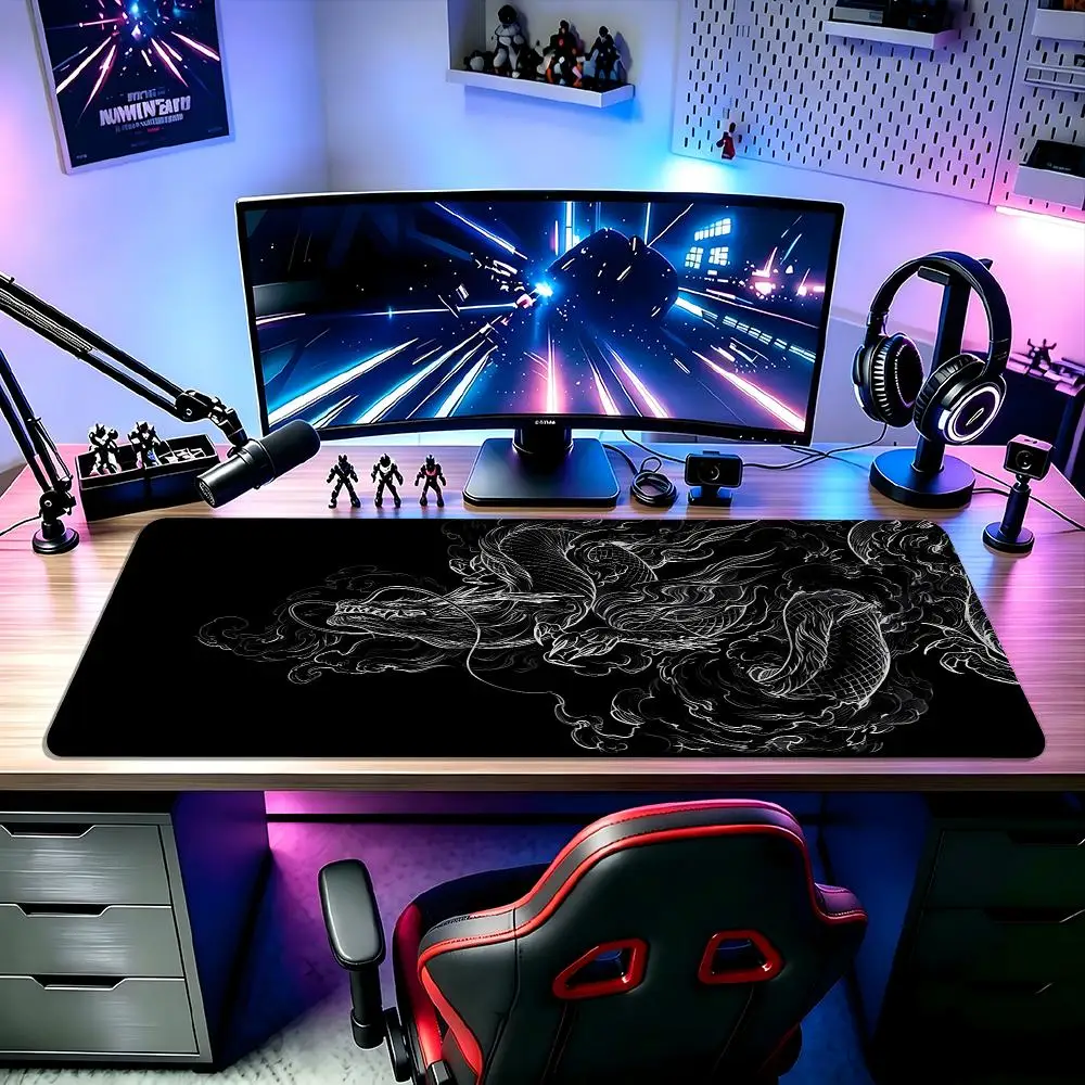 Black Abstract Line Dragon Large Desk Pad, Non Slip Extended Gaming Mousepad for Home Office mouse pad