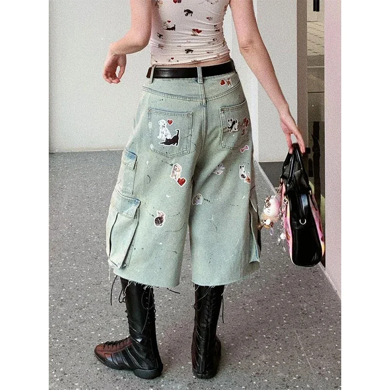 

Женские винтажные эстетические джинсы Harajuku Y2k, лето 2021, милые повседневные брюки длиной до икры, женские уличные мешковатые джинсовые шорты