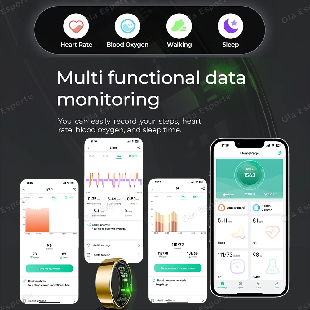 Ola Esporte Health Monitor Smart Ring GPS Montion Sport Mode Gesture Control IP68+5ATM Waterproof Smartring For IOS Andriod R11C