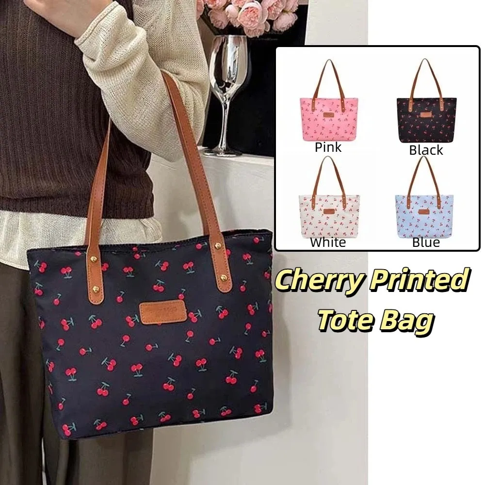 Korean Style Cherry Printed Tote Bag Solid Color Lightweight Patterned Canvas Handbag Trendy Large Capacity Women Shoulder Bag