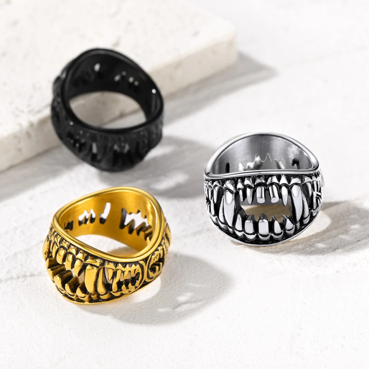 U7 Stainless Steel Double Sides Teeth Rings for Man Woman Manmade Vintage Effect Size 7-14 Gothic Punk Cool Jewelry Gift