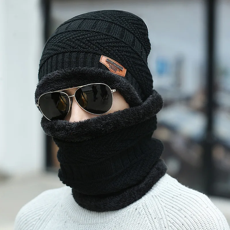 Cappelli lavorati a maglia di vendita caldi invernali da uomo più sciarpa calda di velluto berretto intero cappello freddo di lana addensato