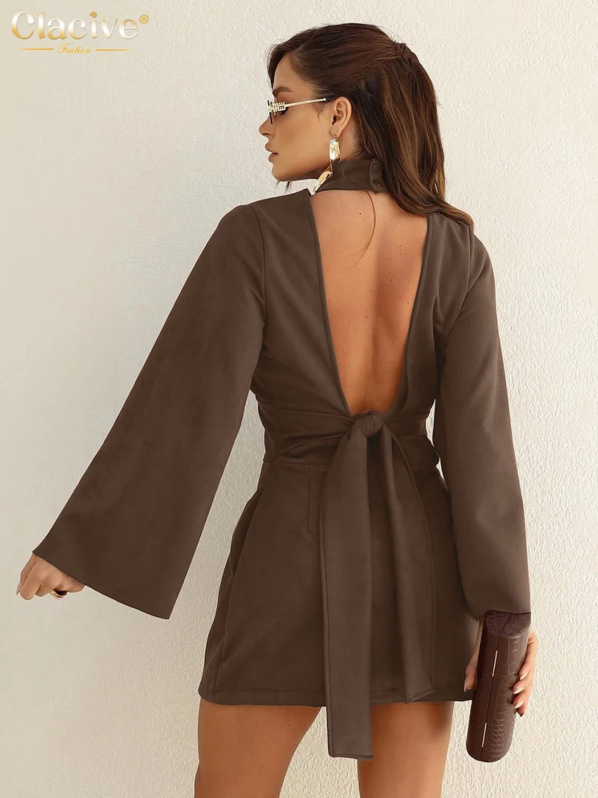 Clacive Fashion Slim Brown Women's Dress Bodycon Stand Collar Long Sleeve Mini Dresses Elegant Classic High Waist Female Dress
