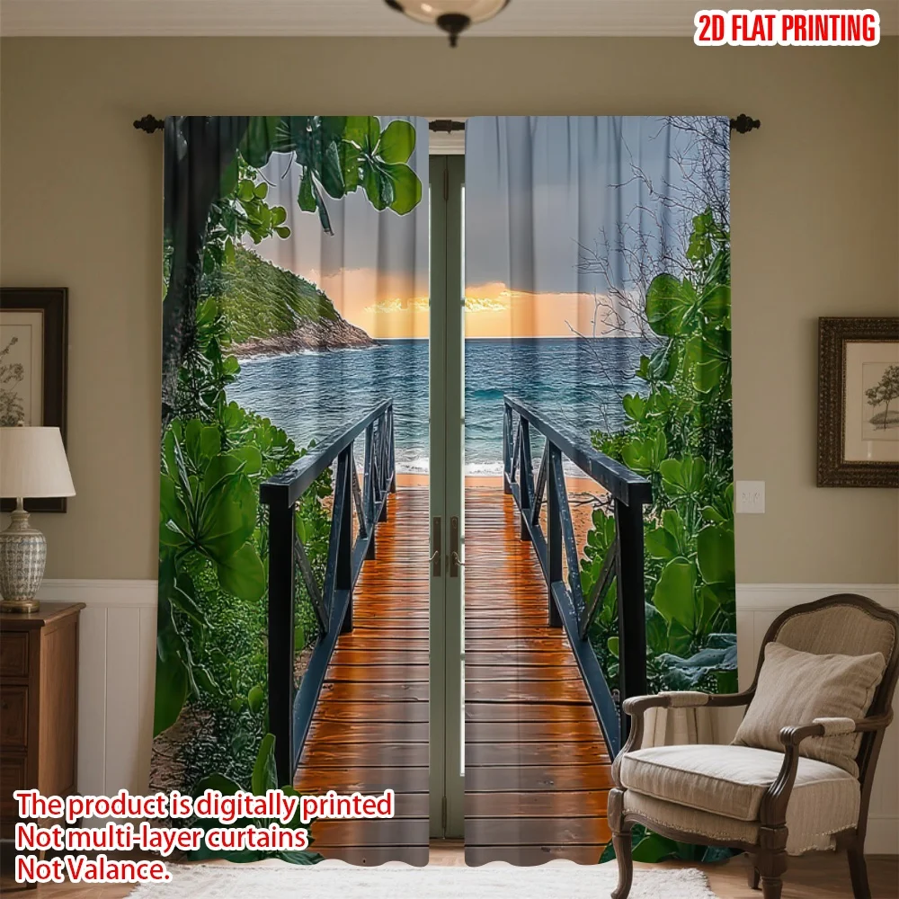 

2D flat printing 2pcs Window Curtains Bridge to Ocean Sunset Digital Printed Polyester Drapes All Season Party & Holiday Decor