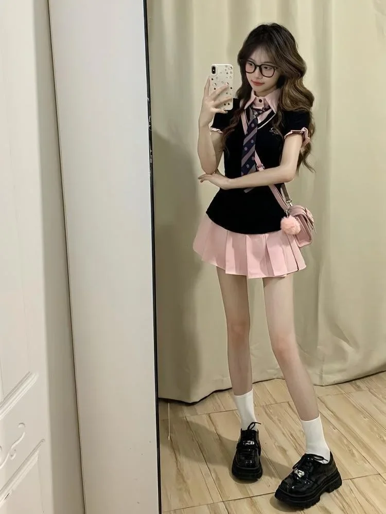 فستان صيفي قصير للتنحيف على الطراز الأمريكي الحلو الحار والخصر مناسب على طراز Preppy فستان بياقة بولو وأكمام قصيرة 2025new #4