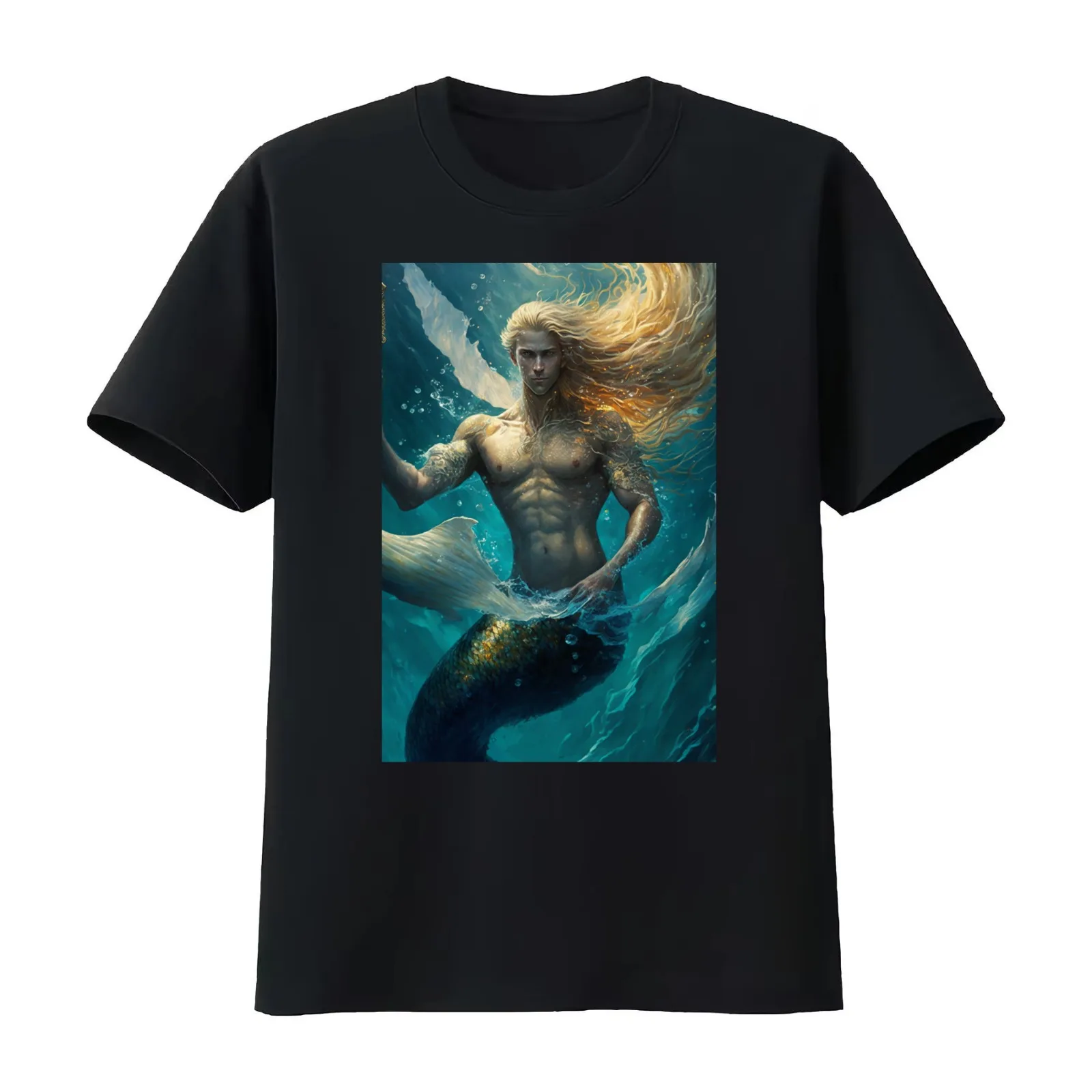 Angelic Blue Eyed Merman with Golden Blonde Flowing Hair in Aqua Hues! T-Shirt Summer Casual Cotton Tee Vintage Graphic Print