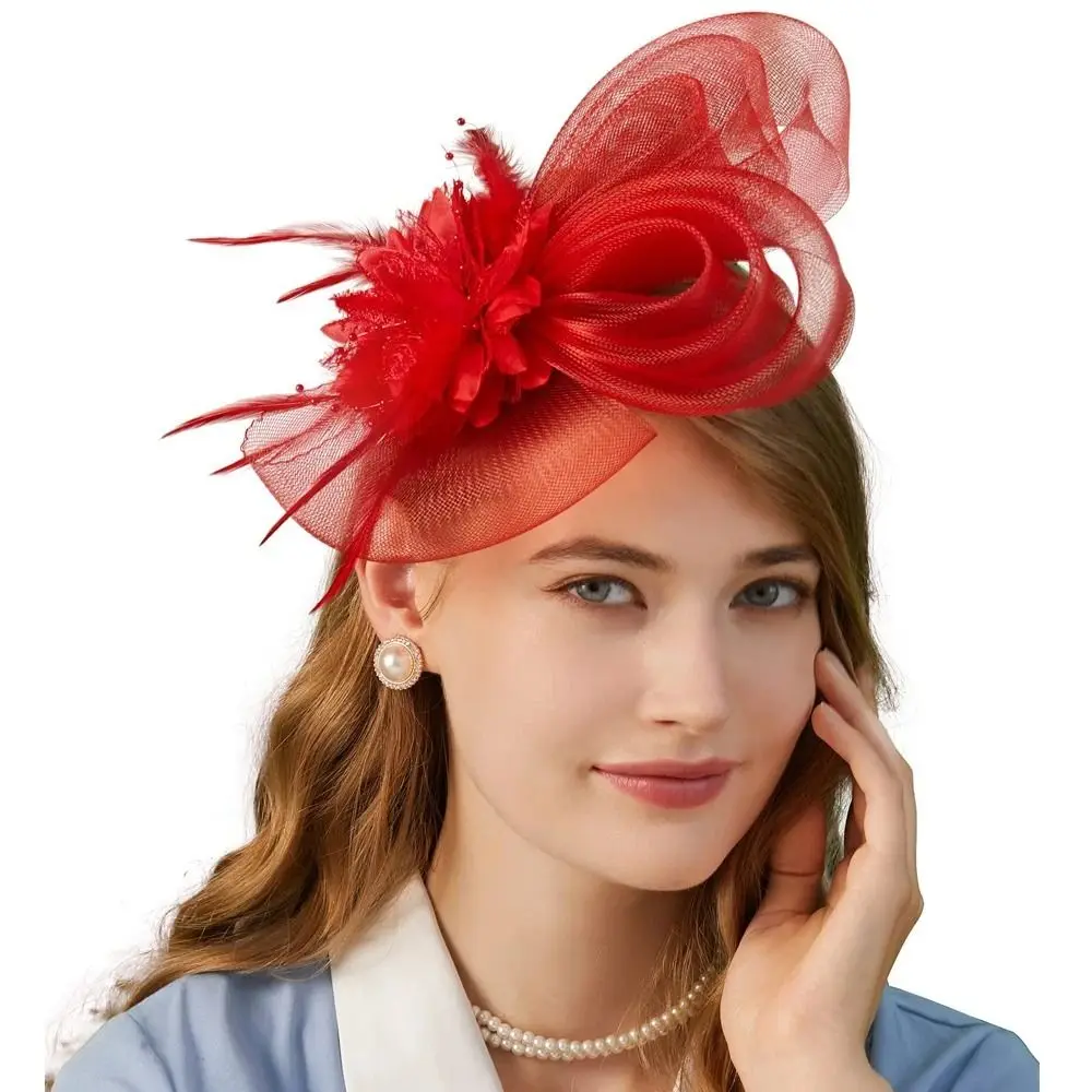 Formal Dress Small Top Hat Headband Luxury British Retro Cocktail Bridal Mesh Ribbons Cap with Ear Clip Clear Beads