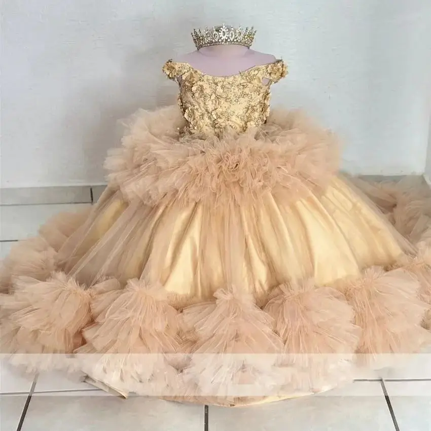 

Gold Off Shoulder Flower Girl Dresses for Wedding Lace Appliques Girl Prom Gown for Photoshoot First Communion Gowns Customized