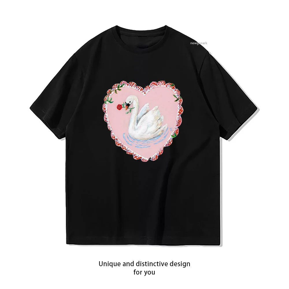 Vintage heart swan T-Shirt woman man Casual cotton graphic t shirts Adult streetwear camisetas tops tee Short-sleev