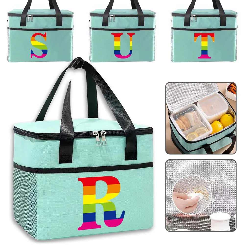 Storage Handbag Cooler Bags Food Tote Thermal Insulated Bag Hygiene-Friendly for Student Rainbow Letter Pattern Waterproof Box