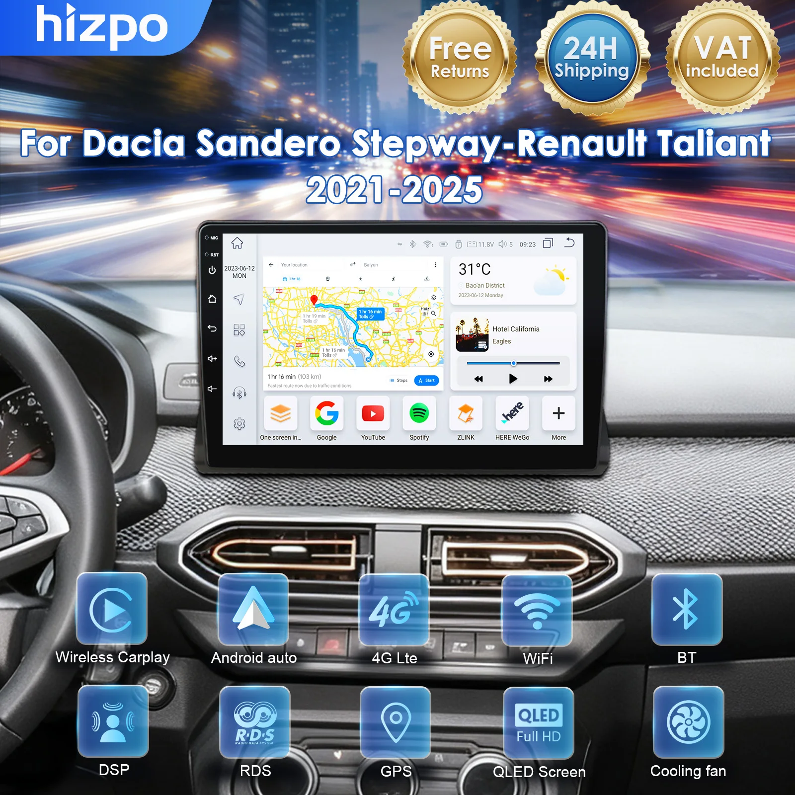 Hizpo 10.1“ Autoradio per Dacia Sandero Stepway-Renault Taliant 2021 - 2025 Lettore stereo Schermo QLED Wireless CarPlay Android Auto 7862