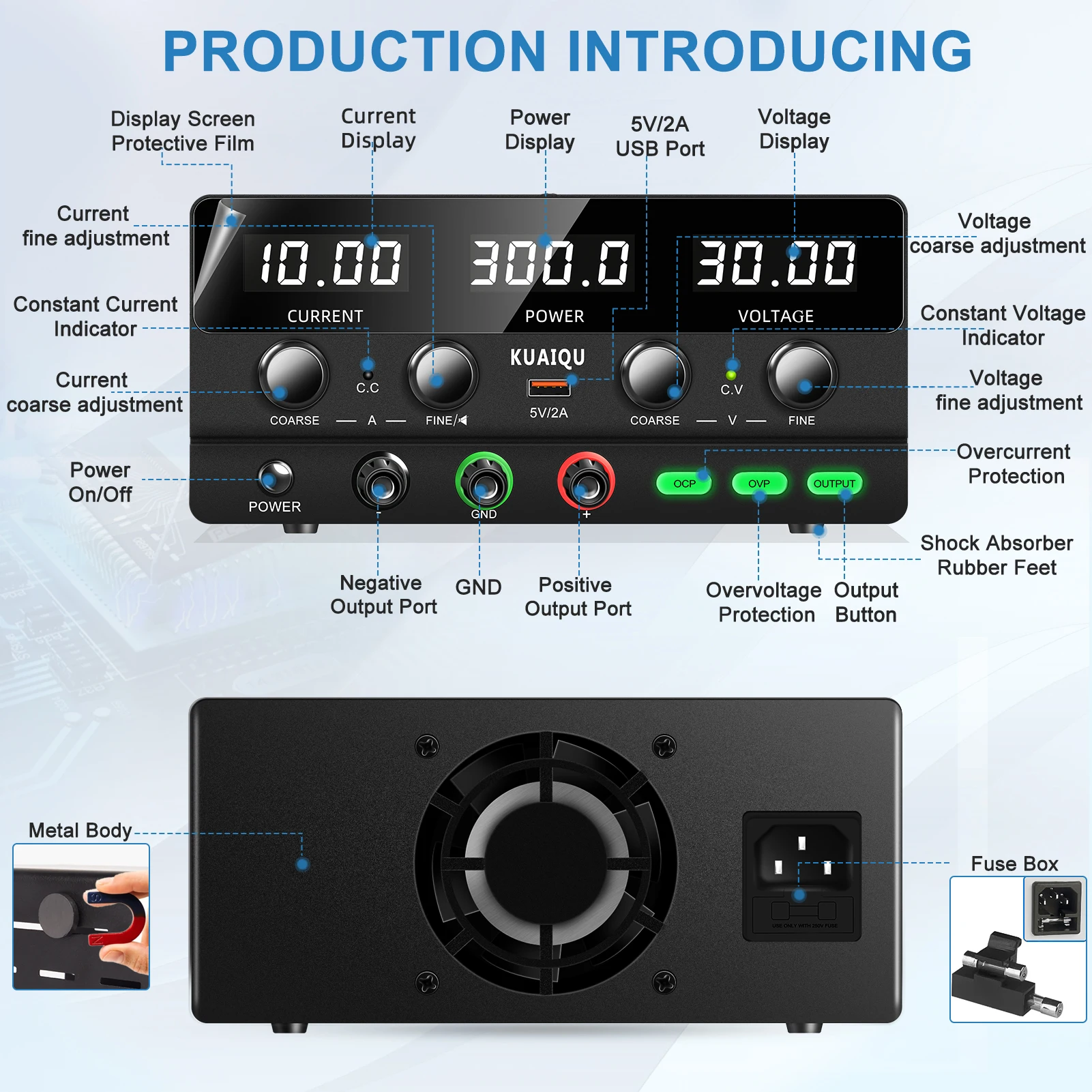 KUAIQU OCP OVP Lab DC Power Supply 160V 2A 30V 10A Adjustable Switching Power Source USB 5V2A Voltage Regulator for PCB Repair