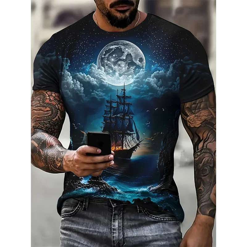 Sailing Ship Pattern T-Shirt for Men Sailboat 3D Printed Tees Summer Casual Harajuku Short Sleeve O-Neck Tops Oversized T Shirts