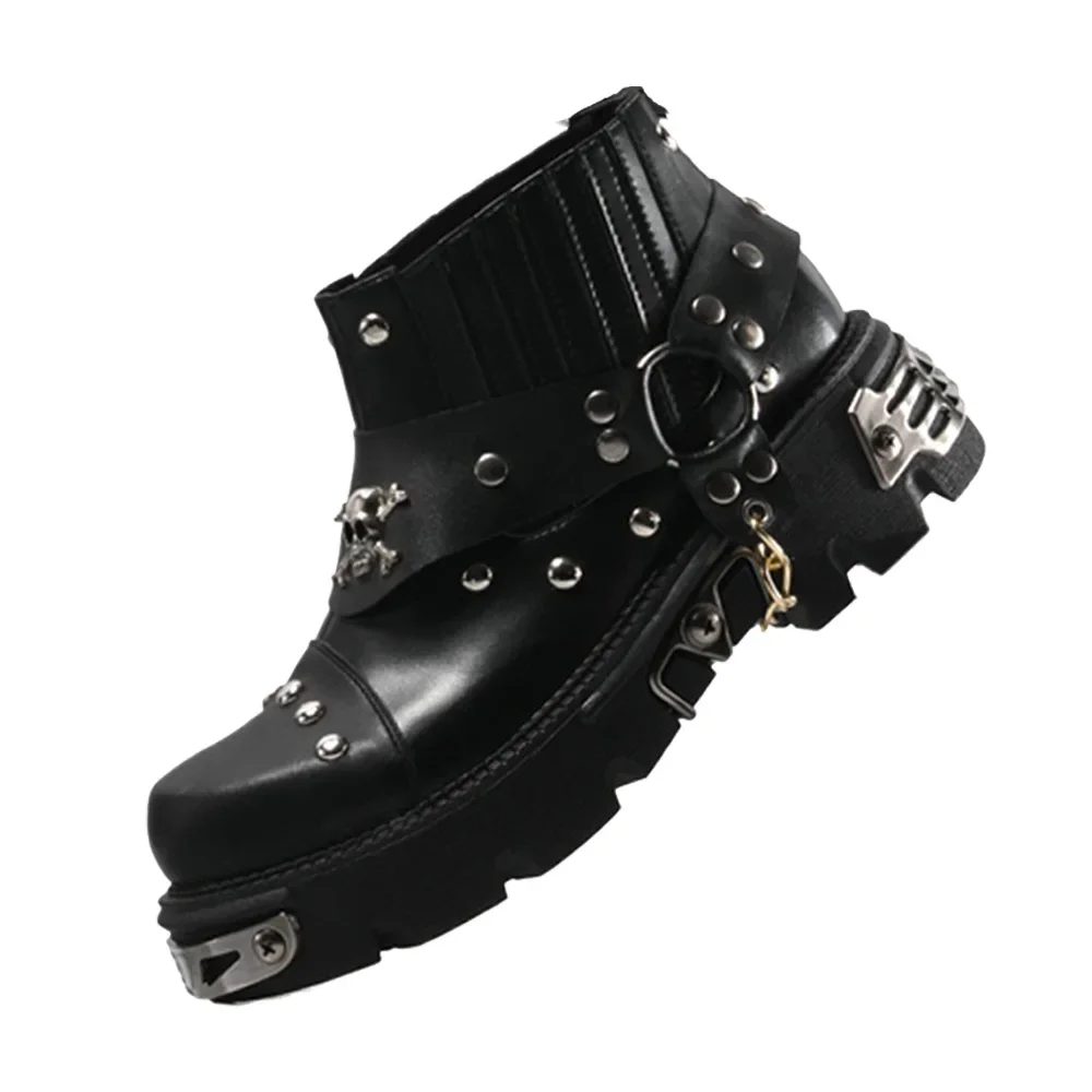 Men's Fashion Genuine Leather Motorcycle Boots,Goth Skull Punk Cowboy Boots,Women Mid-calf Metallic Western Chelsea Boots