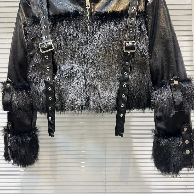 Chic Women Faux Fox Fur Spliced PU Belted Coat Winter Faux Leather Patchwork Flocking Jacket Zippers Cardigan Bomber Crop Tops