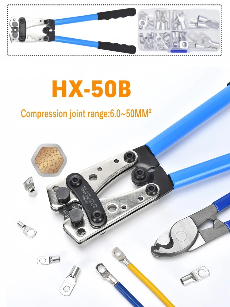 Crimping Plier Battery Cable Lug Crimping Tool HX-50B Wire Crimper Hand Ratchet for 6-50mm 0-10AWG With 60pcs Terminals