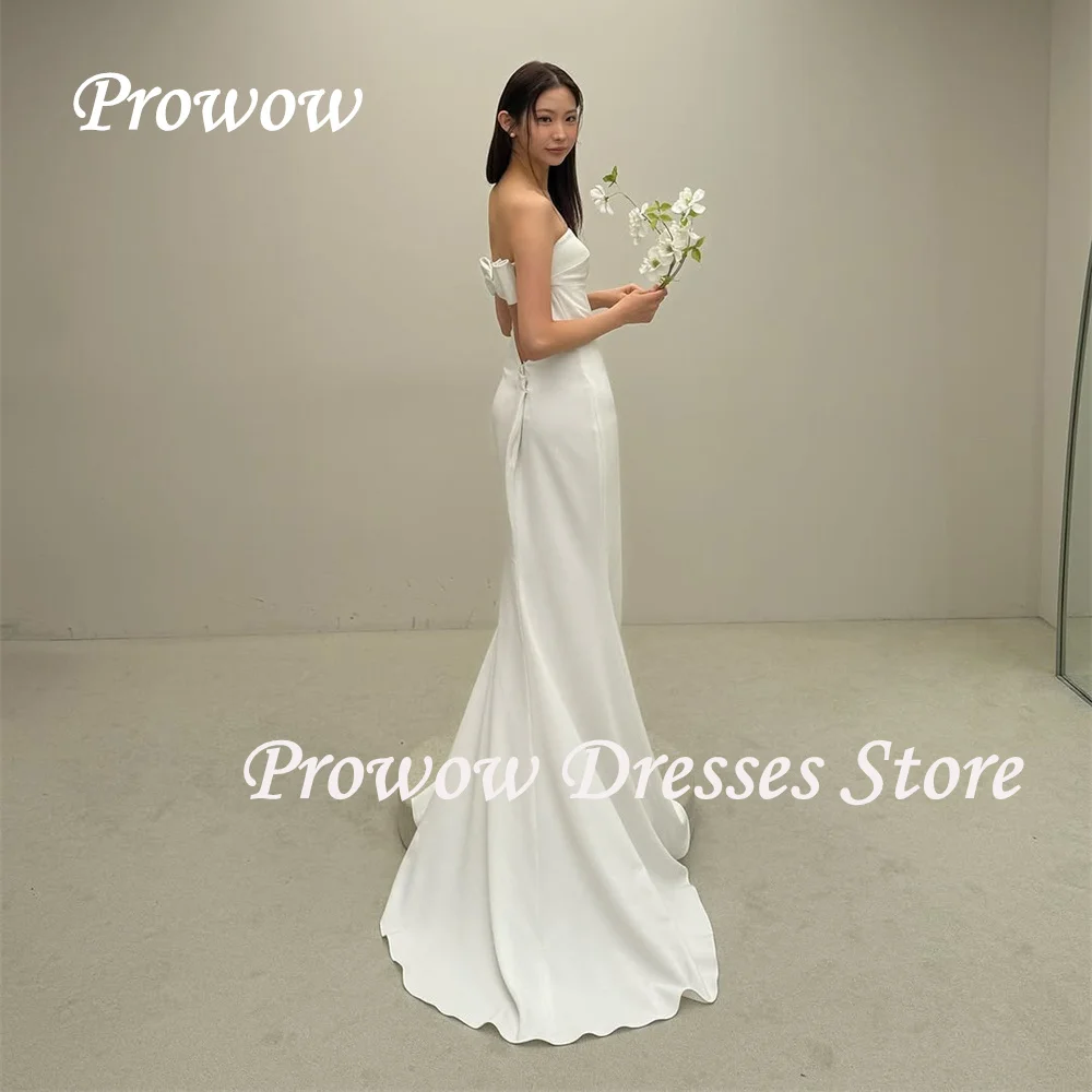 

Prowow Simple Ivory Mermaid Wedding Dress Korea Photo Shoot Strapless Floor Length Bridal Gown Pleats Bow Stretchy Customized