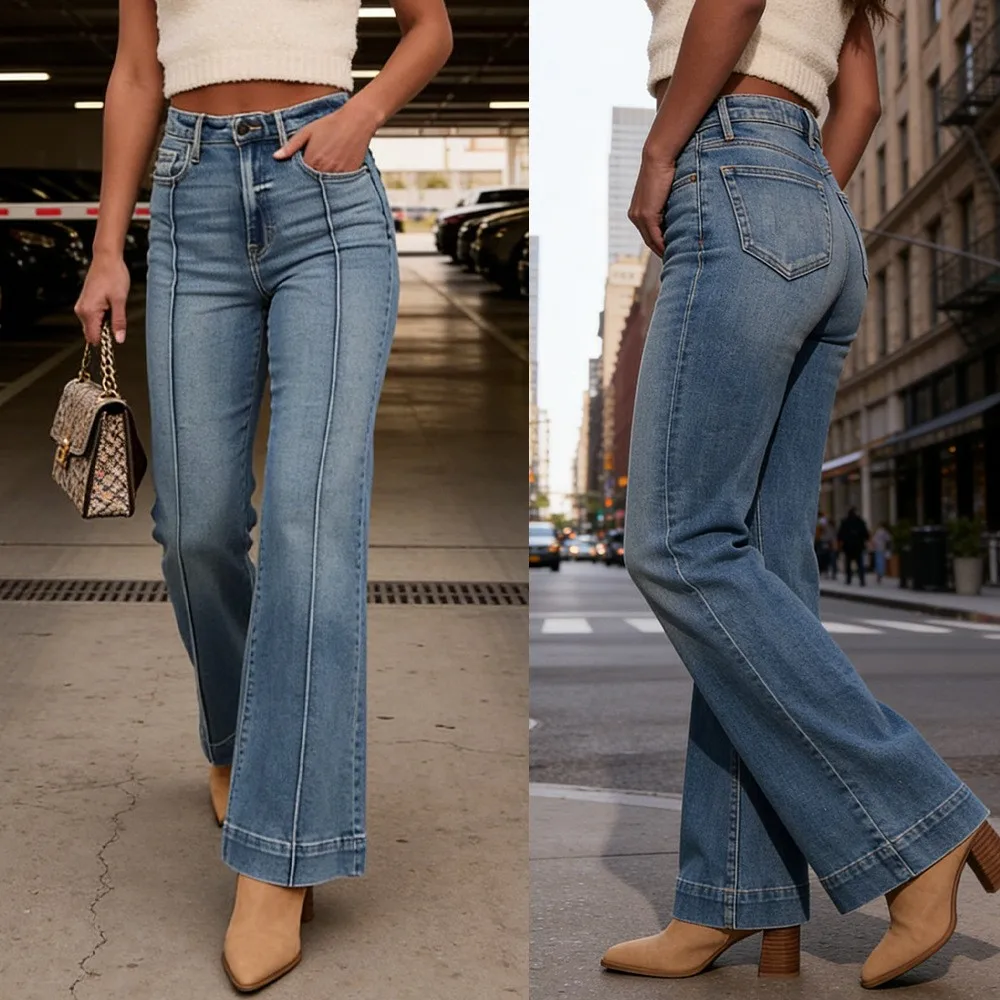 Washed Finish High Waist Pants Full Length Western Style with Wash Spring Regular Thickness Streetwear Flared Jeans for Women