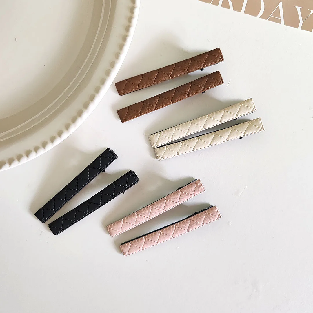 2pc Retro PU Plaid Vintage Hair Side Clips Hairpin for Women Girls Children Headband for Hair Accessories Headwear Ornament