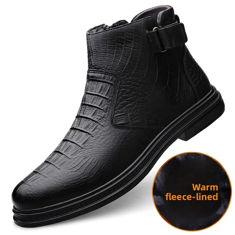

Men's Winter Warm Velvet Boots Black Leather Big Toe Casual Boots for Men Outdoor Business Genuine Leather Shoes Sizes：38-46
