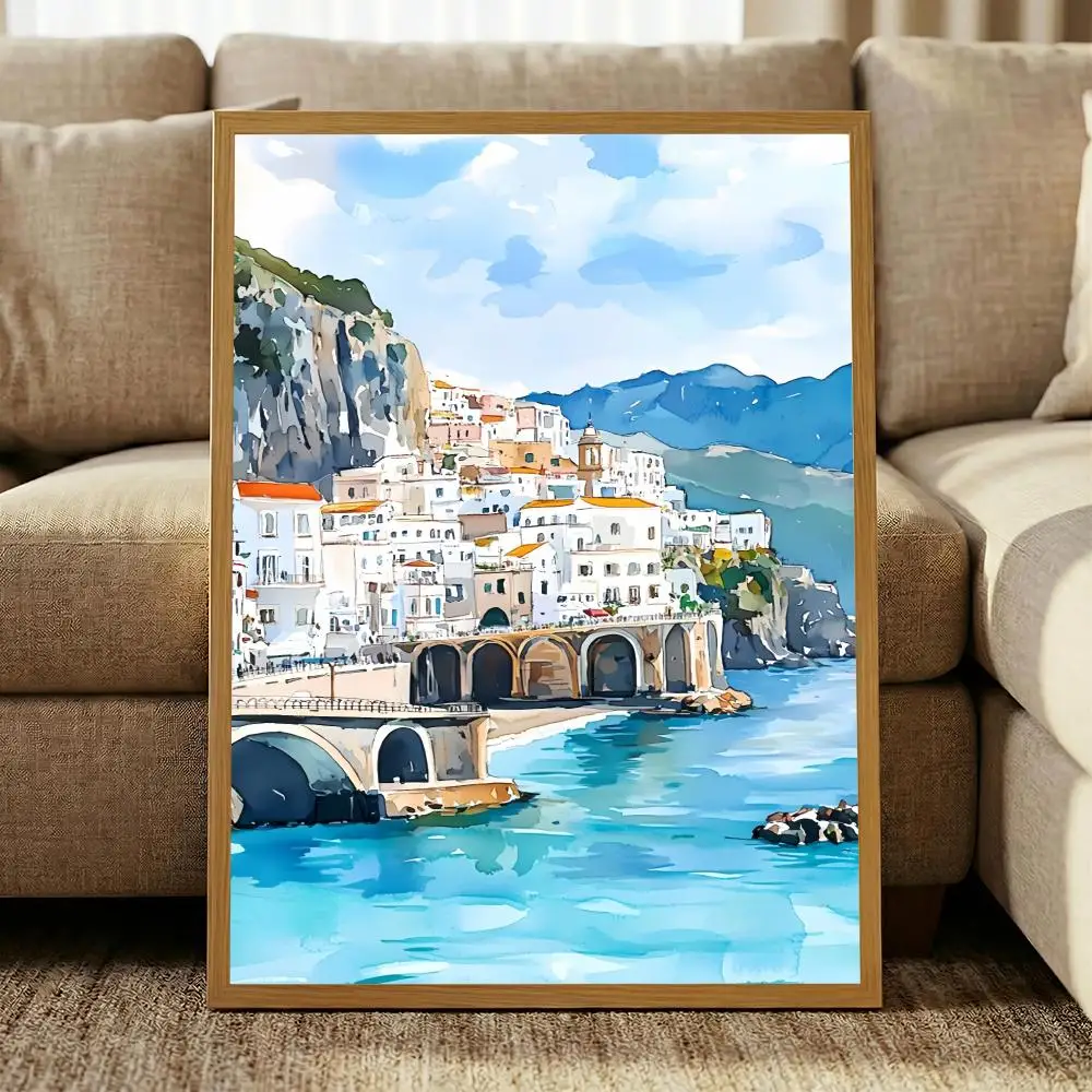 Amalfi Coast Italy HD Wall Art Poster Watercolor Coastal Landscape Italian Seaside Town Mediterranean Home Decor Gift
