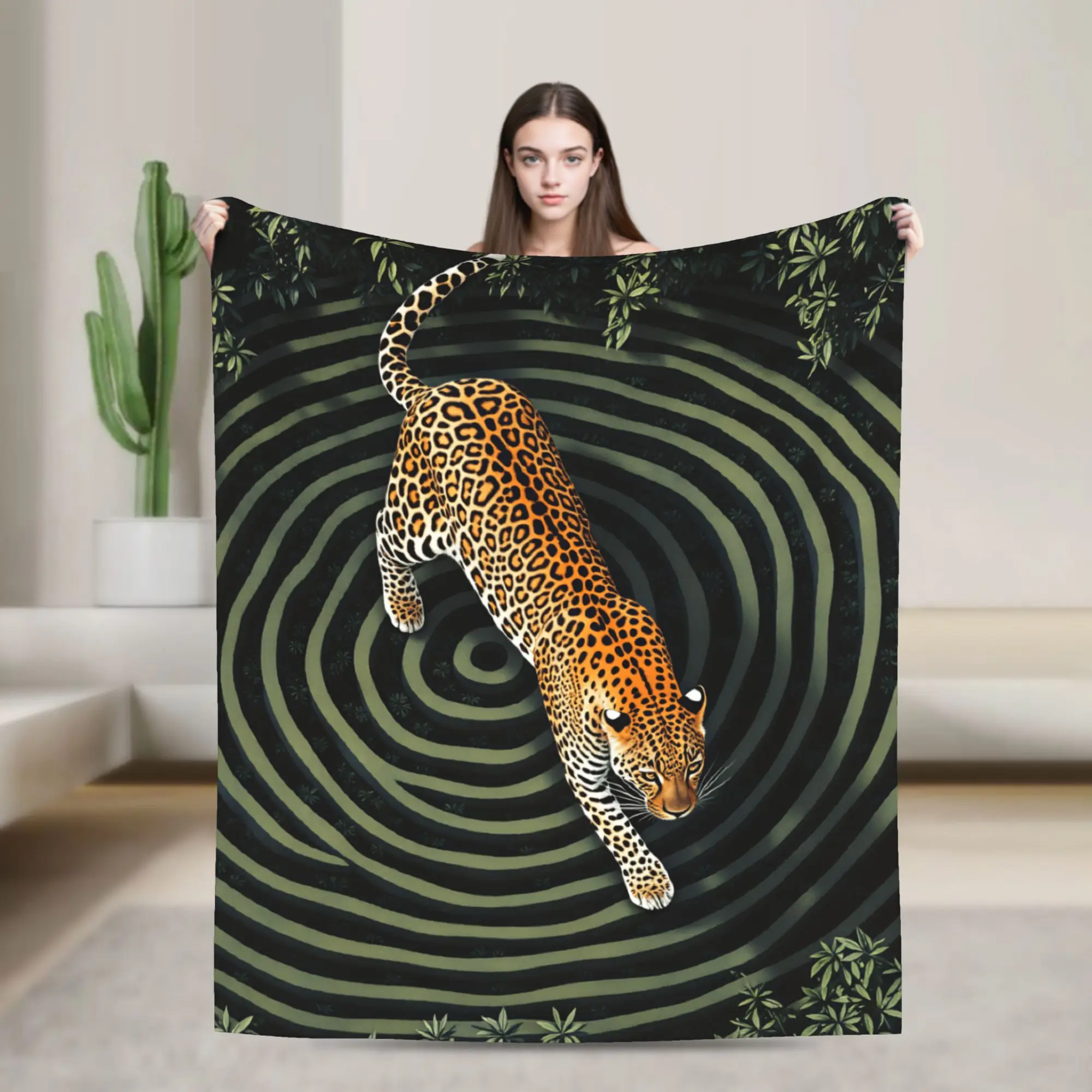 Soft Comfy Throw Blanket Travel Office Leopard In Jungle Spiral Maze Art Blanket  Flannel Bedspread For Outdoor Sofa Bed Cover