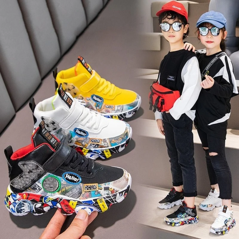 Boys Girls Casual Sneakers 2024 New High-top Leather Child Sports Shoes Art Graffiti Kids Running Shoe Outdoor Walking Footwear