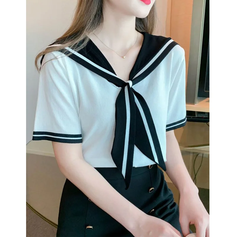 Bow Tie Ice Silk Short Sleeve T-shirt for Women Summer Korean Loose All-match Contrast Preppy Style Tops Fashion Sweet Clothing