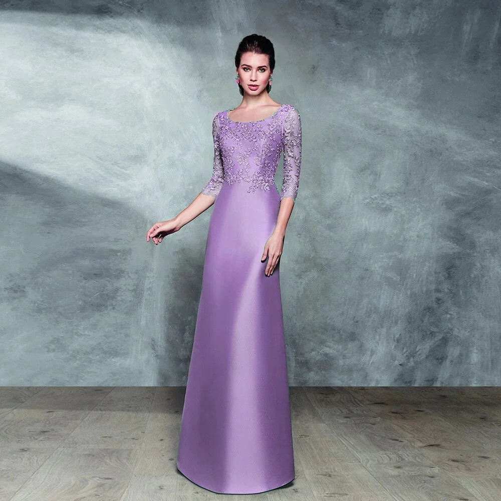 

Lilac Evening Dresses 2024 O Neck 3/4 Sleeves Wedding Party Gowns Appliques A-Line Satin Floor-Length فساتين السهرة 2024 New