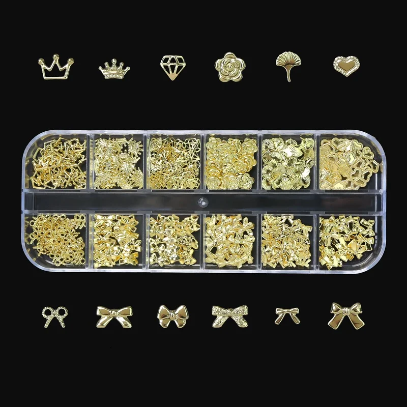 12 grilles/boîte Mini nœuds et couronnes Nail Art breloques alliage coeur camélia Rivets décorations d'ongles bijoux 3D pour bricolage manucure artisanat *