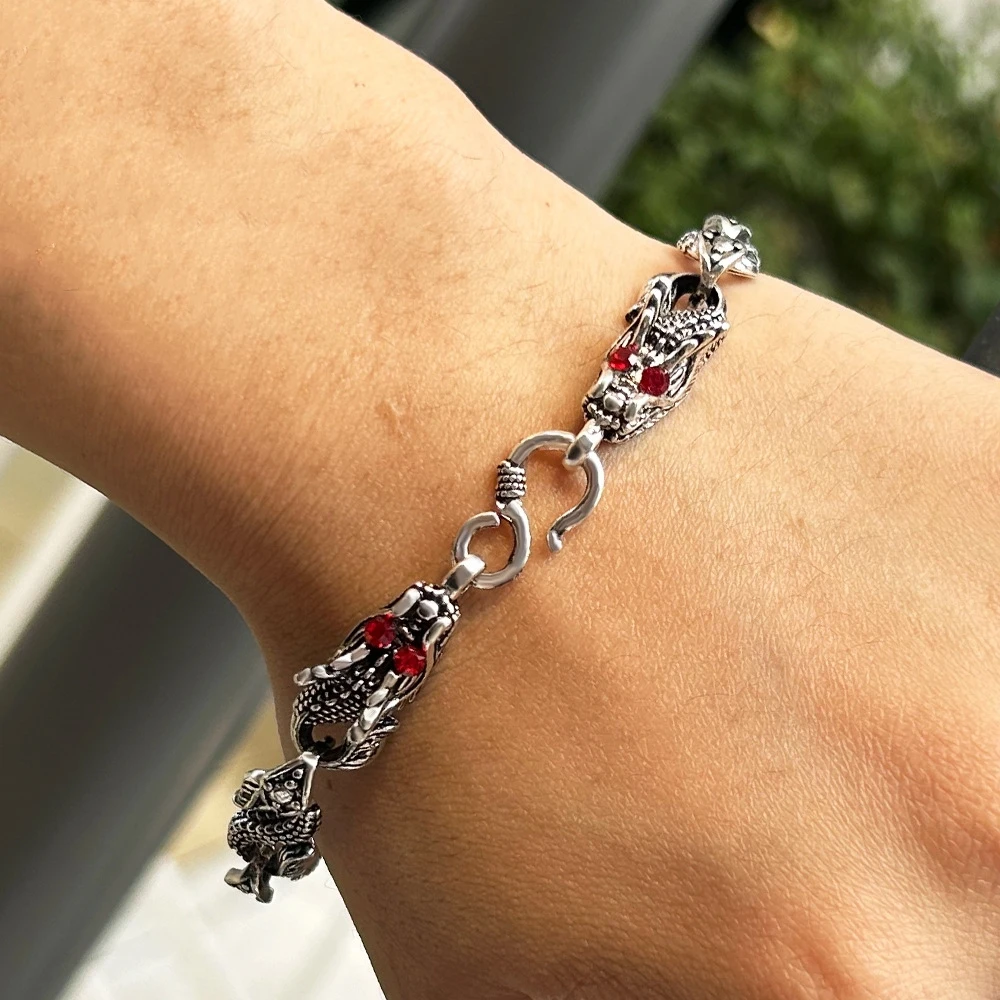 Hip Hop Style Double Dragon Play Beads S925 Sterling Silver Bracelet Personalized Retro Chinese Dragon Jewelry Gift