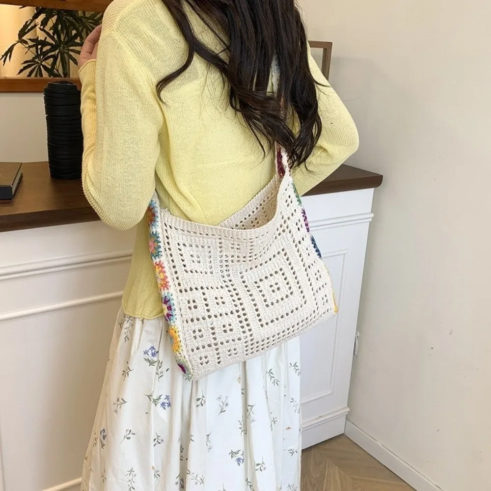 

Простая однотонная вязаная сумка через плечо, плетеная ажурная сумка-тоут, богемная сумка для хранения мелочей, летняя сумка для покупок