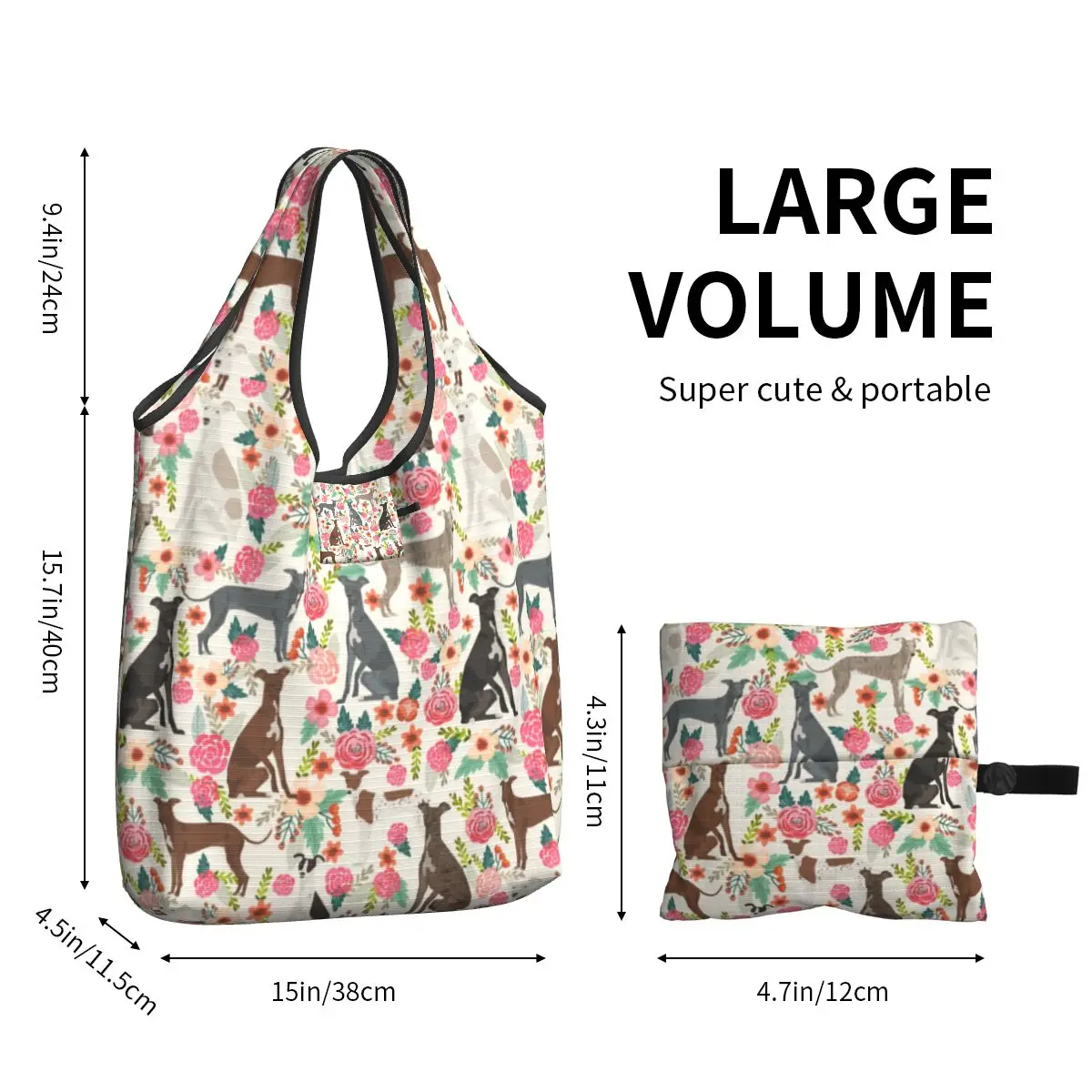 Custom Reusable Italian Greyhound Dog Floral Shopping Bag Women Tote Bag Portable Sighthound Whippet Dog Grocery Shopper Bags