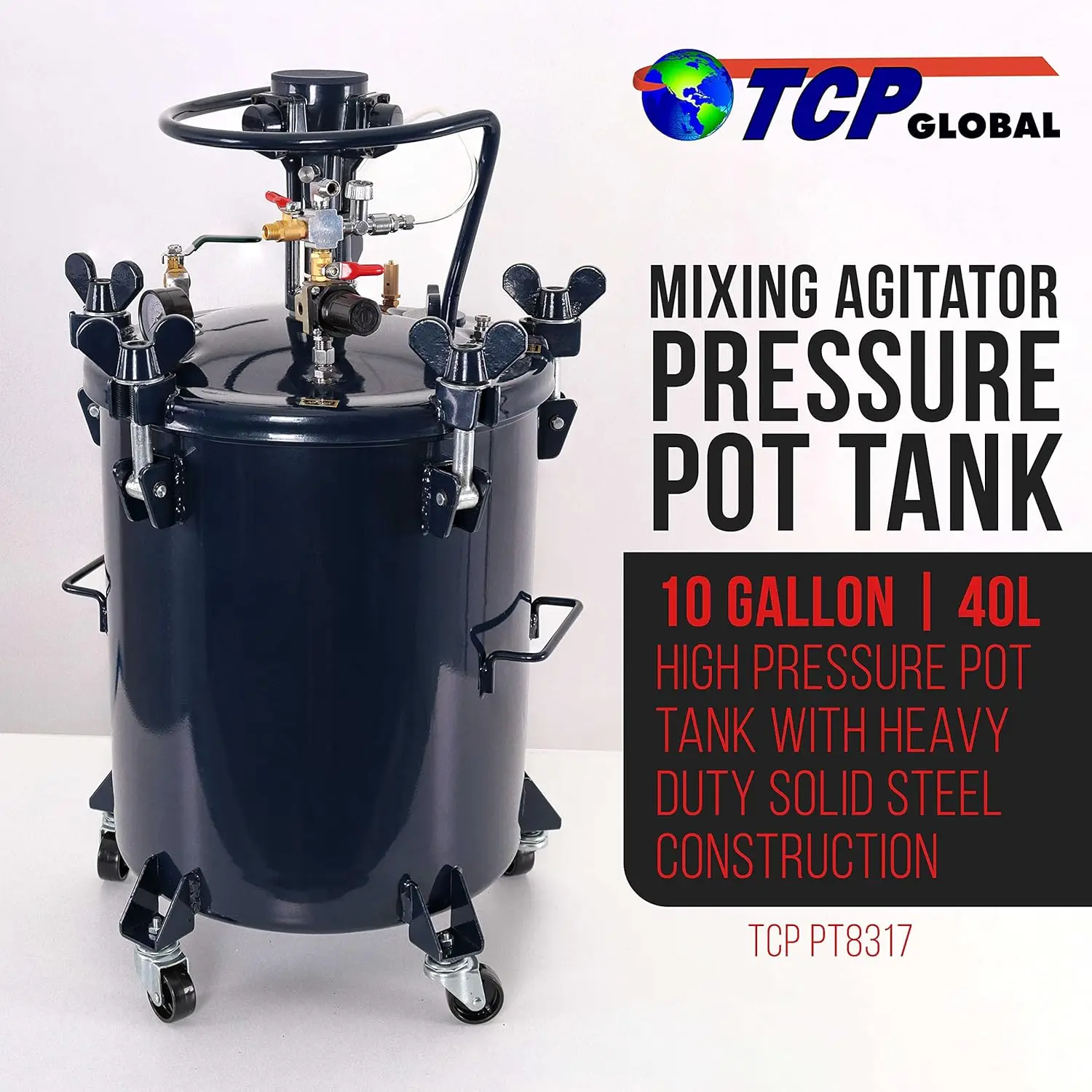 TCP Global 10 Gallon - 40 Liter Pressure Pot Paint Tank: Heavy Duty Solid Steel, Clamp on Lid with Air-Powered Mixing Agitato