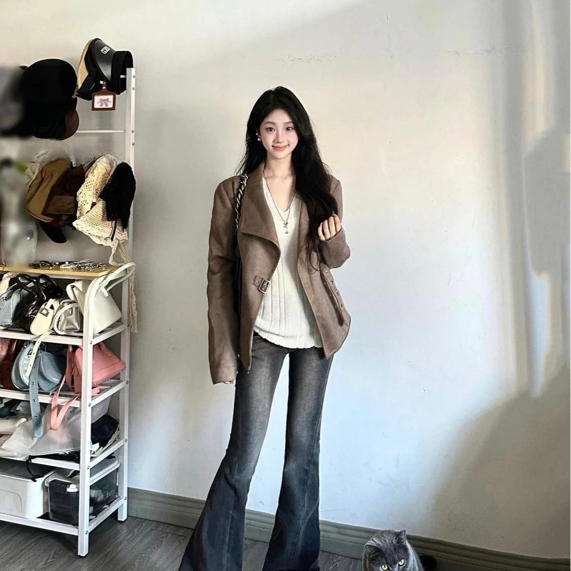 American Style Suede Jacket Women's Spring Autumn New Large Collar Atmosphere Sense Slimming Motorcycle Short Outerwear
