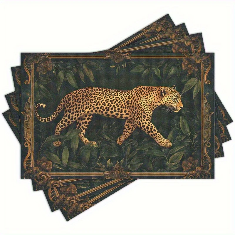 4pcs Leopard Print Placemats Set Of 4 Linen Vintage Jungle Animal Table Mats Luxury Dining Room Decor Kitchen Accessories