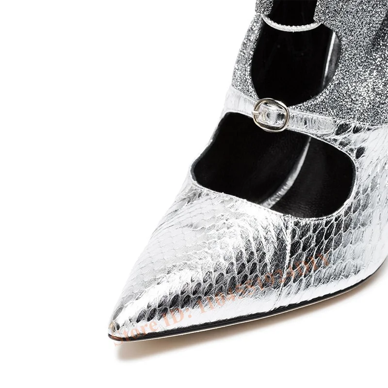 Botas tipo calcetín de cuero plateado estilo Punk para mujer, tacón alto, puntiagudos, con cordones, correas con hebilla, envoltura en el tobillo, tacones finos, zapatos de verano para mujer