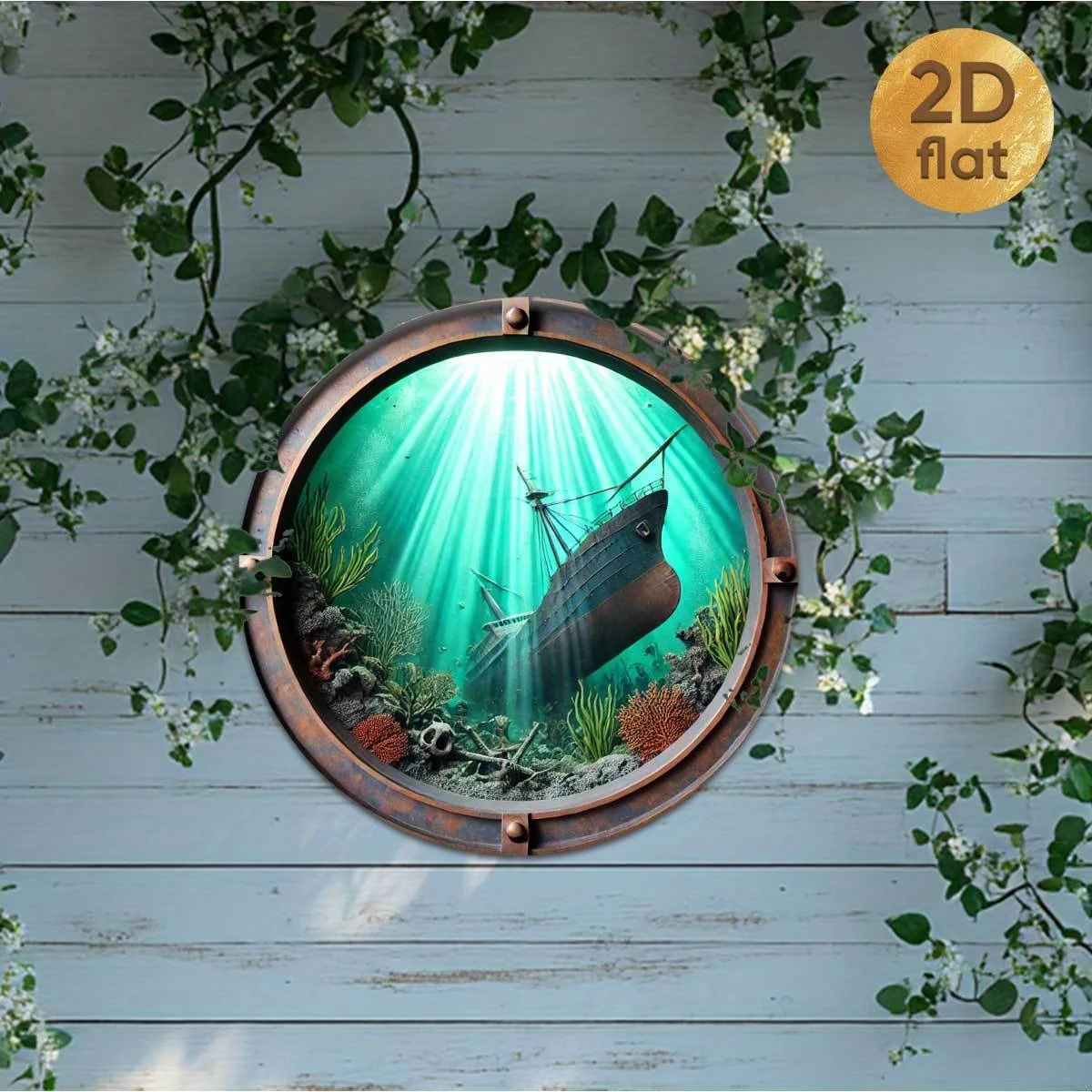 2D Metal Porthole Wall Art Ocean Shipwreck Coral Reef Aquarium Decor Gift
