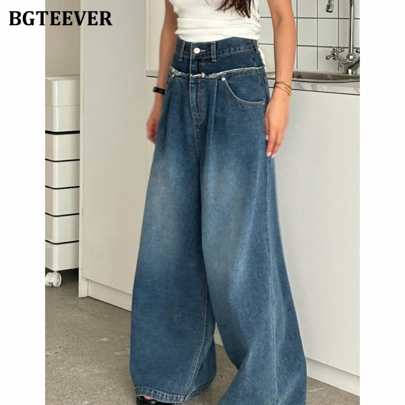 BGTEEVER 빈티지 하이 웨이스트 루즈 와이드 레그 청바지 여성용 봄 여름 포켓 여성 데님 바지