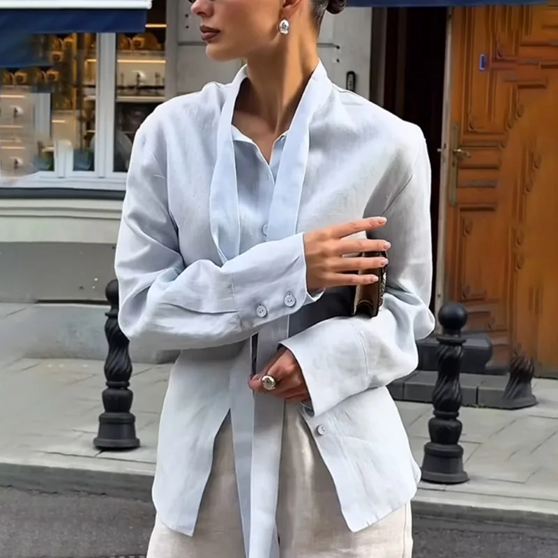 بلوزات نسائية عصرية من Talenza للخريف قميص بشريط رفيع ورباط علوي سترة جديدة عالية الشارع بلوزات نسائية أنيقة غير رسمية