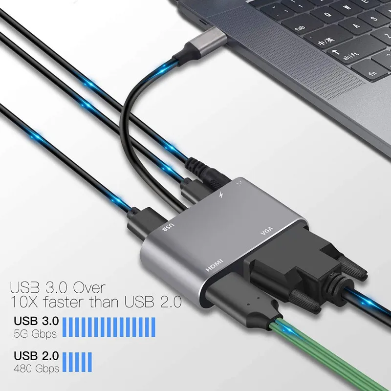 5-in-1 타입 C 어댑터 허브 (HDTV VGA USB 3.0 디지털 AV 멀티포트 어댑터, 타입-C PD 충전 포트 포함)