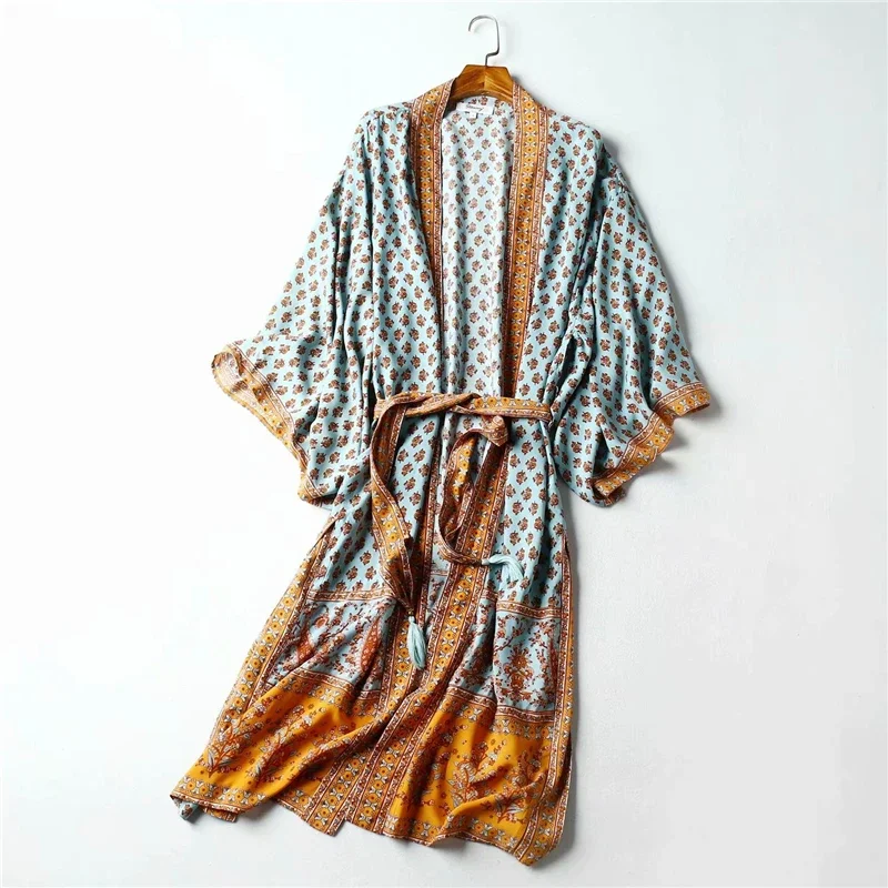 Women  Floral Print Sashes  Bohemian Happie Kimono Ladies V Neck Batwing Sleeves  Boho Maxi Dress Robe