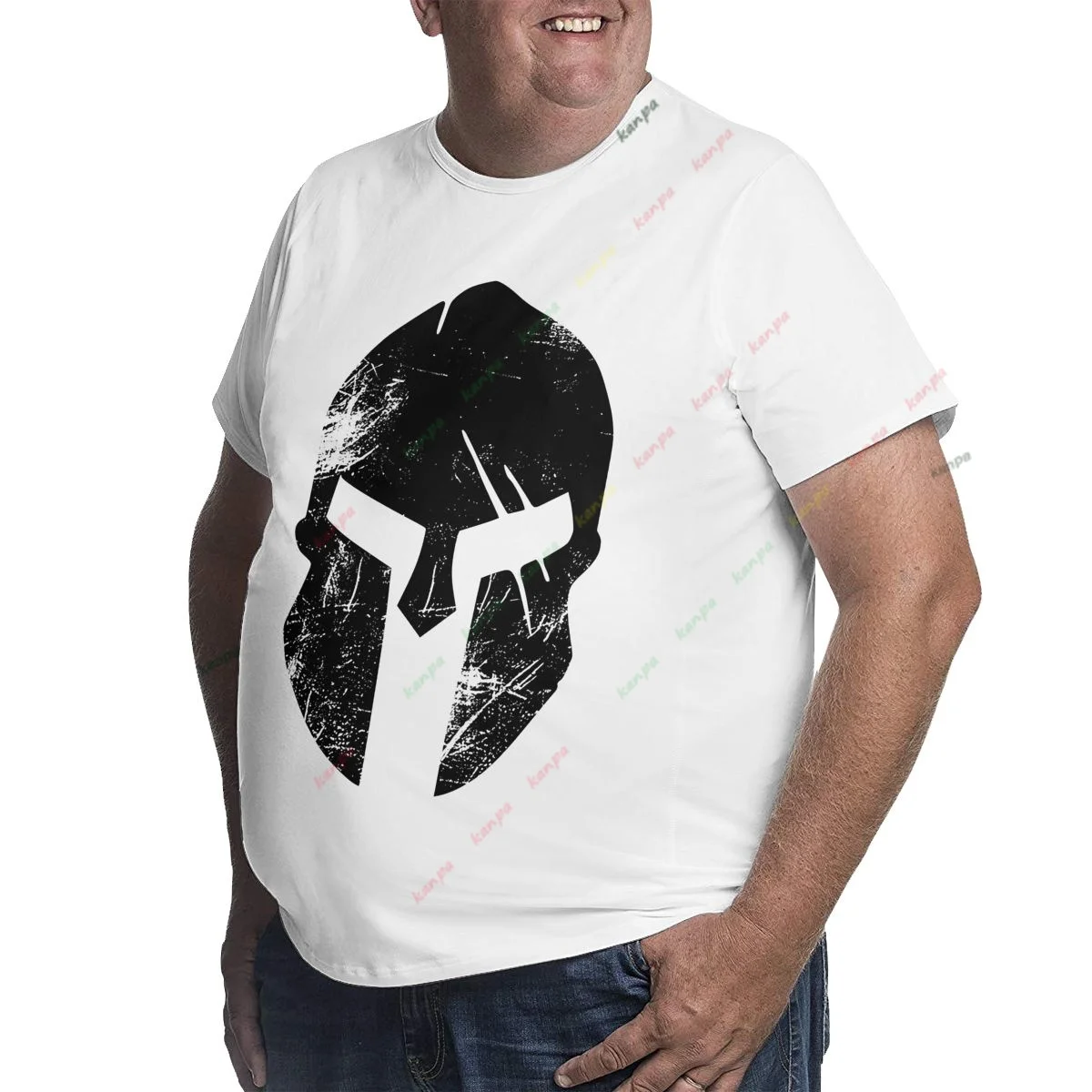 Men's Oversized Hip Hop 100% Cotton T-Shirt Plus Size Street Style Printed Top White Oversized T-Shirt with Knight Helmet Print