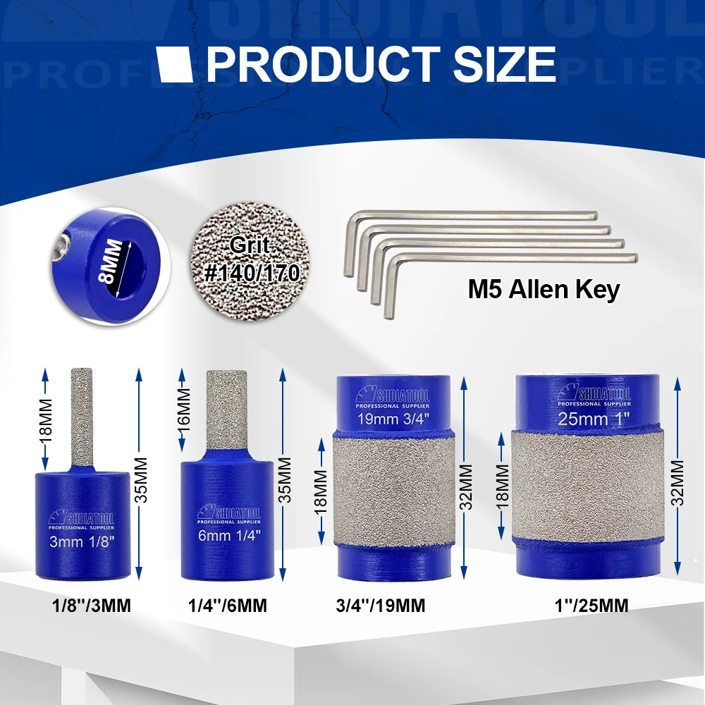 SHDIATOOL Diamond Abrasive Block Grinding Milling Bits Glass Engraving Shell Craft Rocaille Grinder with M5 Allen Key