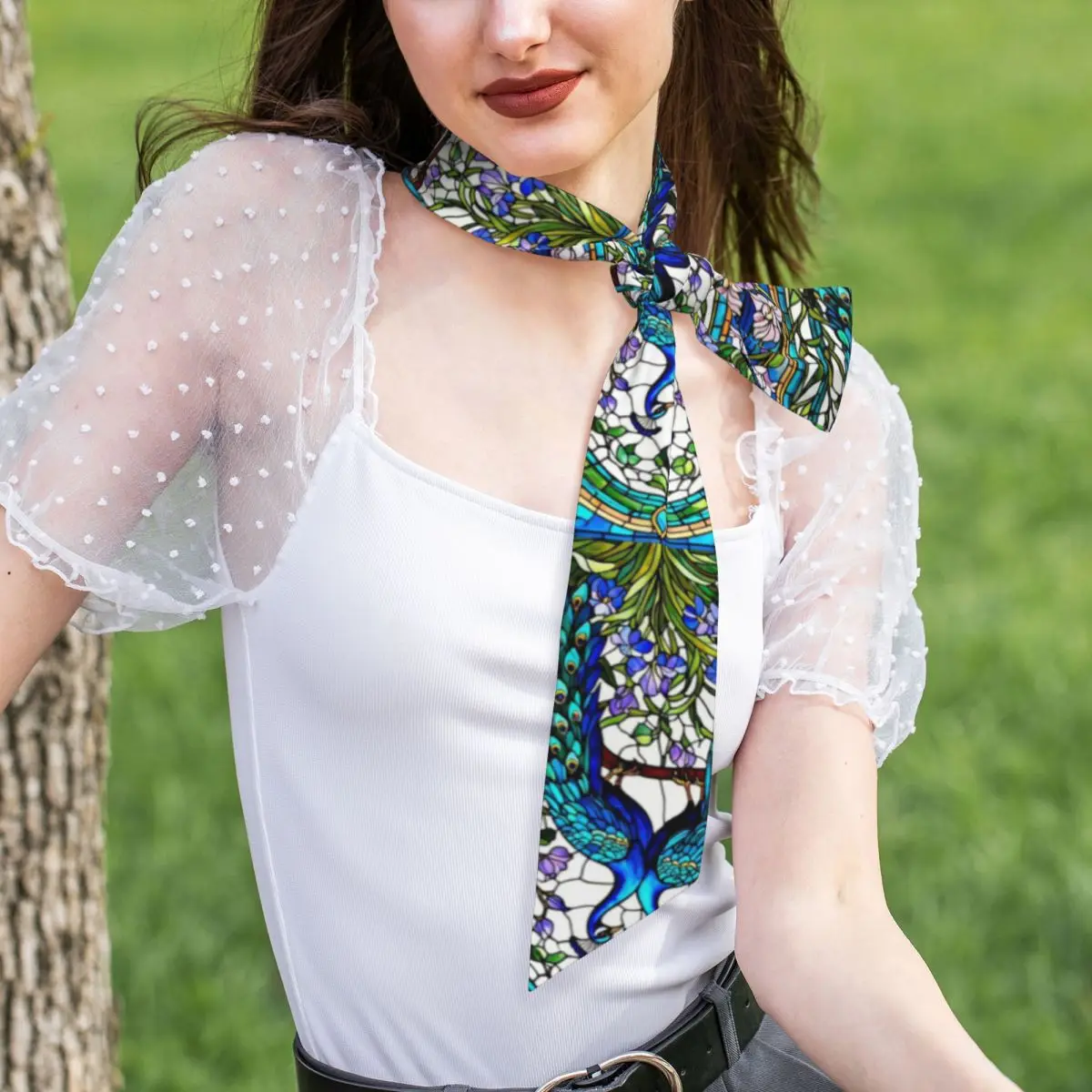 Stained Glass Peacock (7) Women Long Narrow Scarf Soft Skinny Scarf Multi-use Neck Head Wrap for Office Daily Party