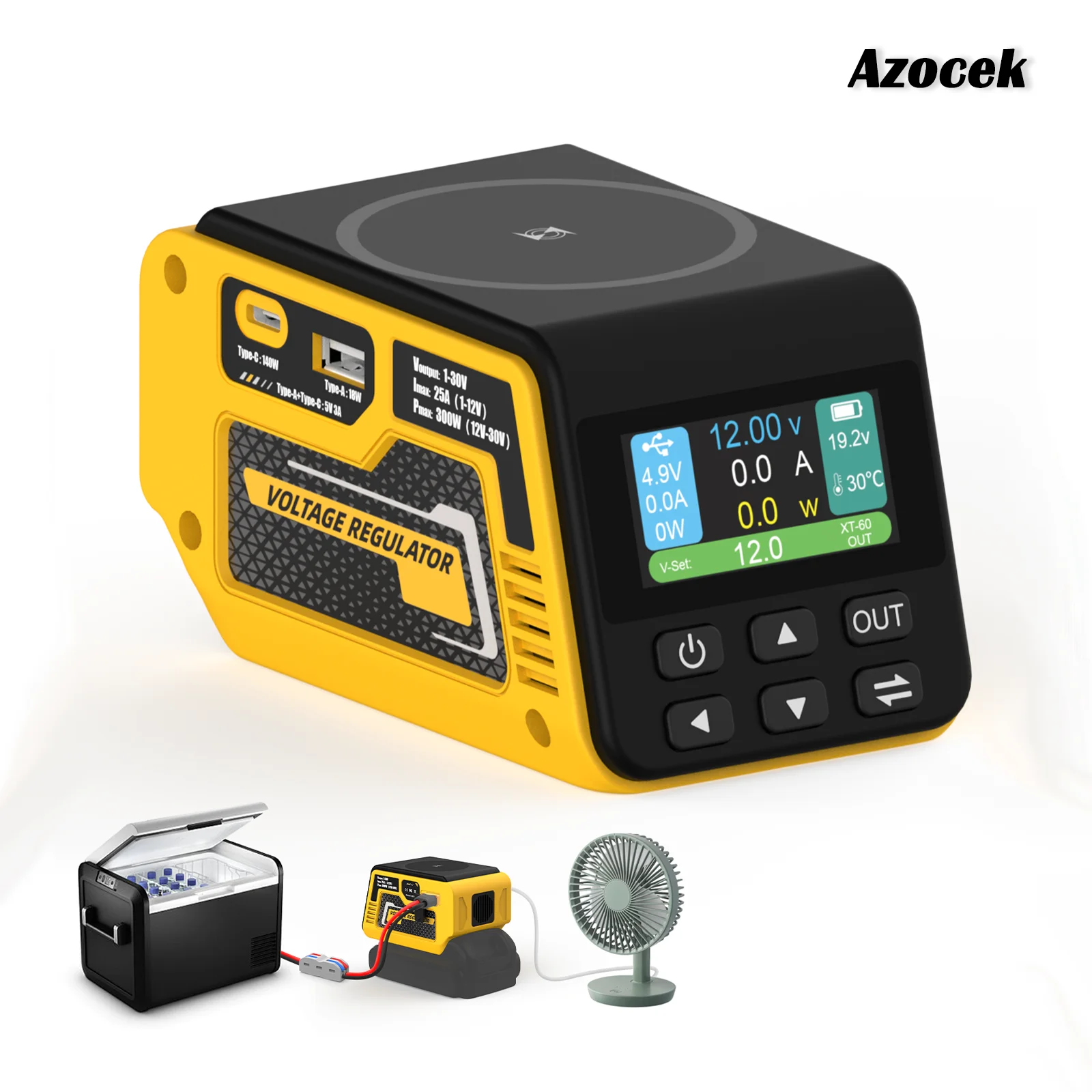 

Azocek for DeWalt 18V/20V Battery Adjustable DC Voltage Regulator, with 300W XT60 Output, Wireless Charging, USB & Type-C