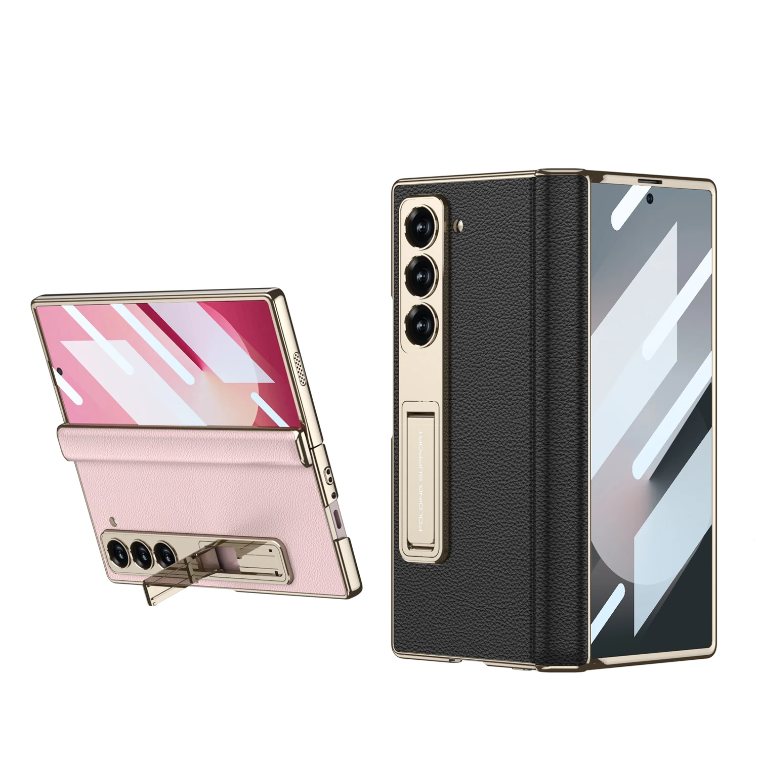 Luxury Plating Hinge Leather Case For Samsung Galaxy Z Fold 6 Magnetic Hinge Bracket Plastic Hard Cover For Galaxy Z Fold 6 Case