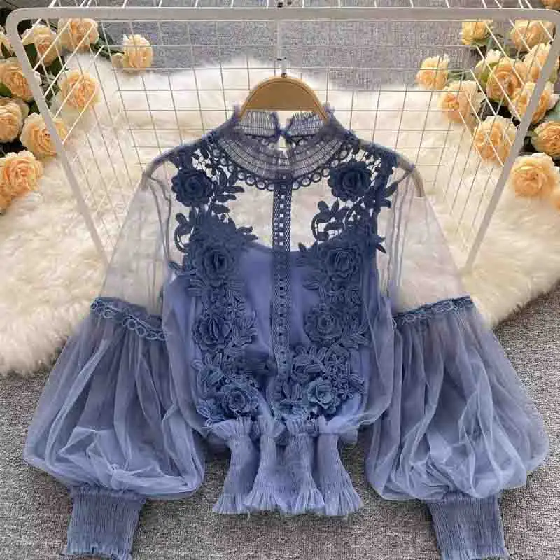 

New Floral Mesh Long Sleeve Short Blouse Women Two Pieces Lantern Sleeve Lace Shirts Ladies See Through Mesh Blouse Tops 25914