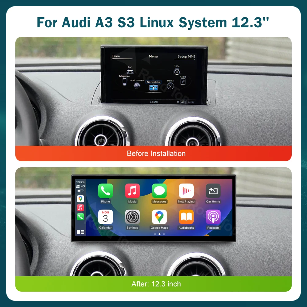 12.3 RoadTop CarPlay اللاسلكي لأودي A3 S3 B9 MIB MIB2 2014-2019 الوسائط المتعددة شاشة لينكس أندرويد السيارات Airplay Autolink