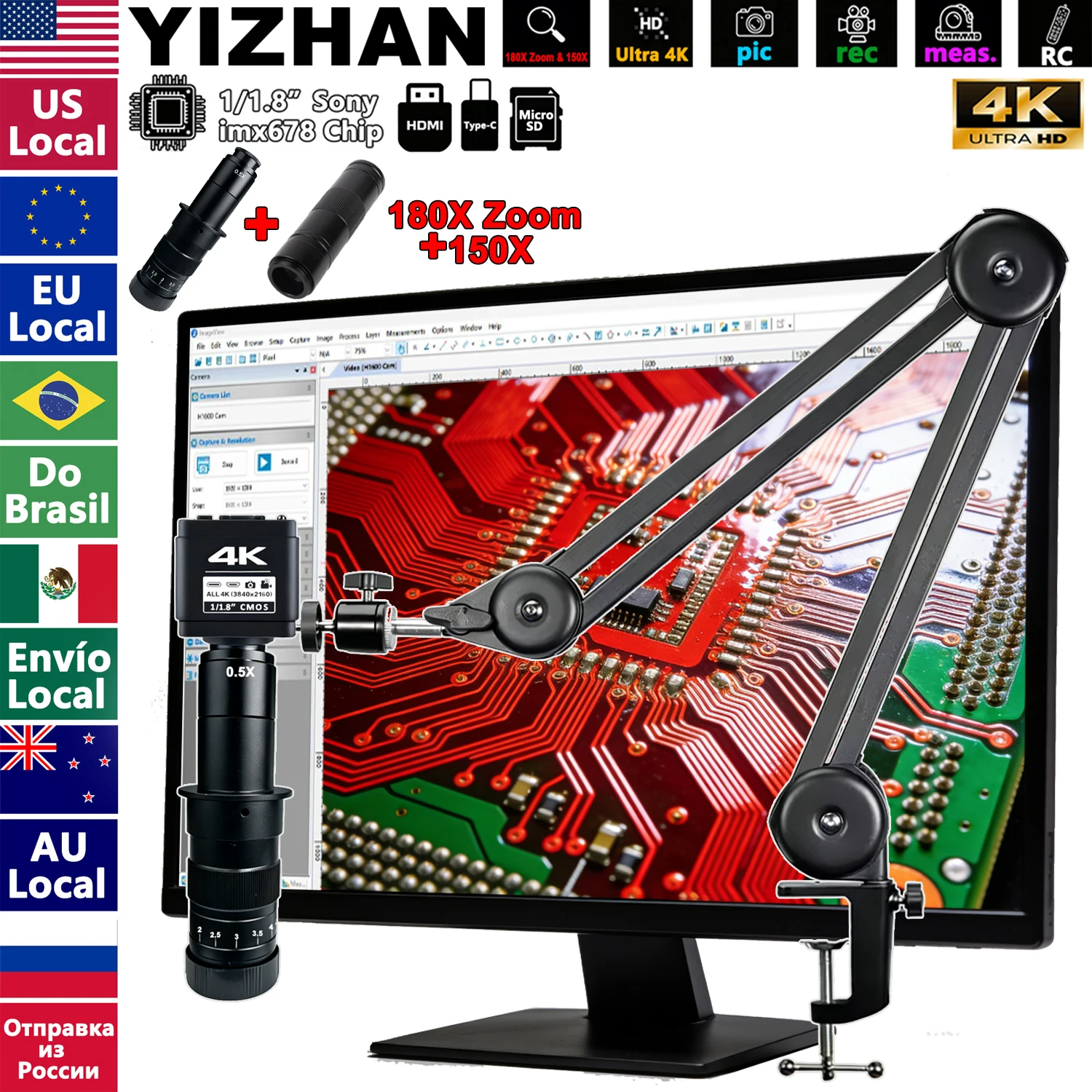 YIZHAN 4K Digital Electronic Microscope, 1/1.8in IMX678 Sensor Camera, 180X Zoom 150X Two C-Mount Lens, Boom Arm, Measurement